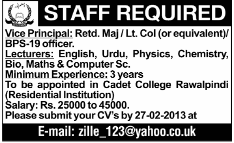 Cadet College Rawalpindi Jobs for Vice Principal & Lecturers