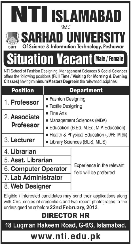 National Textile Institute (NTI) Islamabad Jobs 2013 for Faculty & Staff