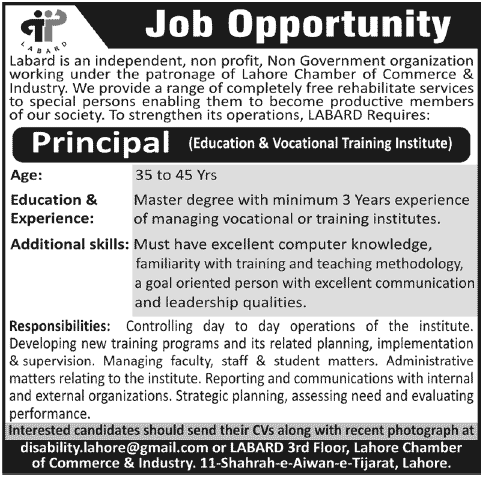 LABARD Jobs 2013 for Principal of Education & Vocational Training Institute for Special Persons