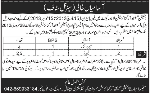 Station Health Organization Lahore Cantt Jobs 2013 Supervisors & Labours for Malaria Control