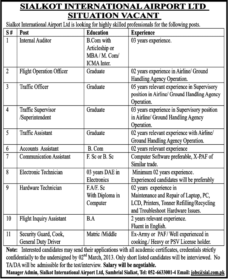 Sialkot Airport Jobs 2013 Latest Advertisement