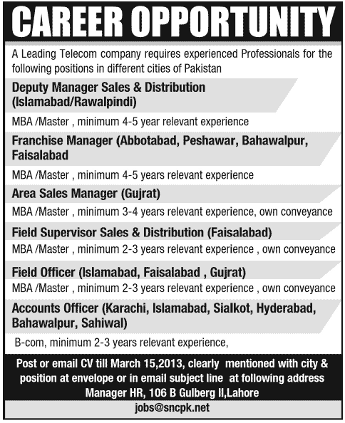 Subh-e-Noor Group Jobs 2013 (a Telecom Company) for Franchise / Sales / Distribution / Field Staff