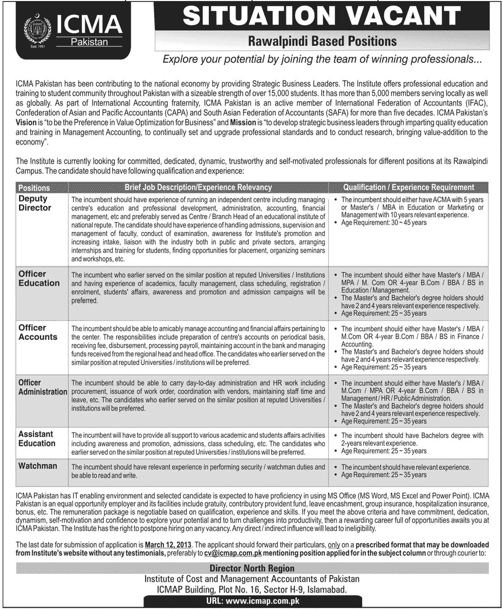 ICMA Jobs in Rawalpindi 2013 ICMA Pakistan (ICMAP)