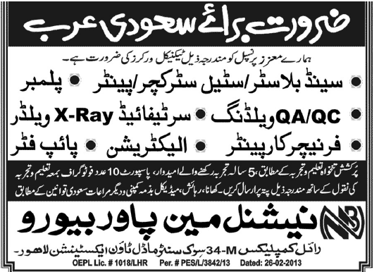 Latest Jobs in Saudi Arabia 2013 for Technical Workers through National Manpower Bureau