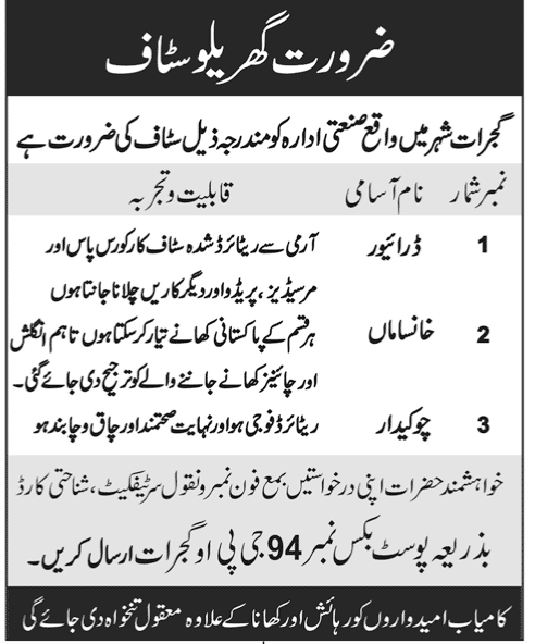 PO Box No 94 GPO Gujrat Jobs for Driver, Khansama / Cook & Chowkidar