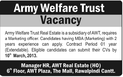 Army Welfare Trust (AWT) Real Estate Job 2013 for Marketing Officer