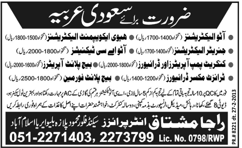 Jobs in Saudi Arabia 2013 through Raja Mushtaq Enterprises