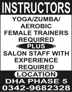 Female Yoga/Zumba/Aerobic Trainers Jobs 2013 & Salon Staff
