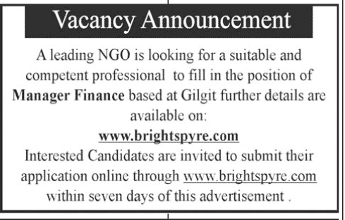 NGO Job in Gilgit 2013 for Manager Finance