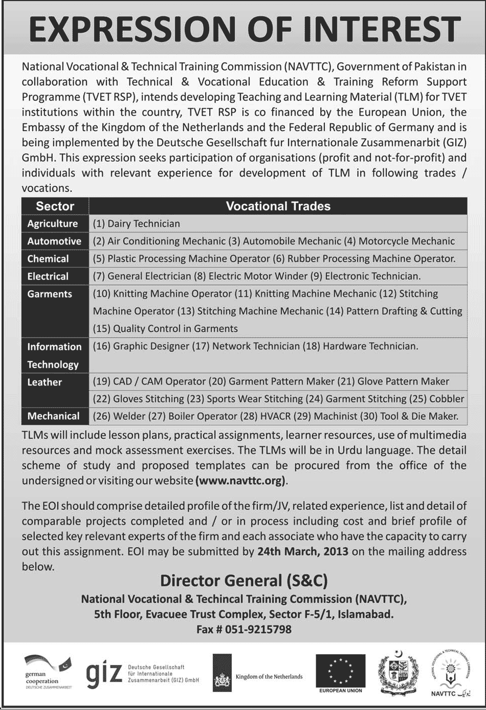 TVET Teaching & Learning Material (TLM) Development Consultant Jobs in Pakistan 2013