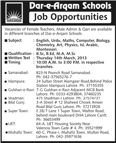 Dar-e-Arqam Schools Jobs 2013 for Teachers, Admin & Qari