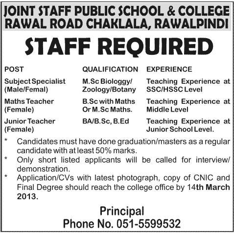 Joint Staff Public School & College Rawalpindi Jobs 2013 for Teachers