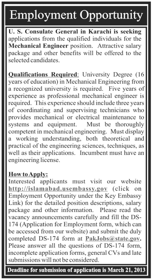 US Consulate General, Karachi Job for Mechanical Engineer