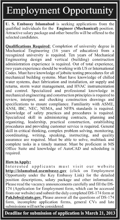 US Embassy, Islamabad Job for Engineer (Mechanical)