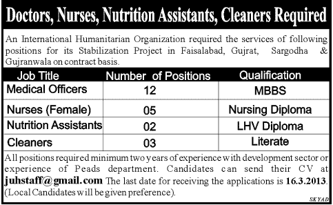 Doctors, Nurses, Nutrition Assistants & Cleaners Jobs in an International Humanitarian Organization