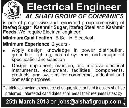 Electrical Engineer Jobs Al Shafi Group of Companies