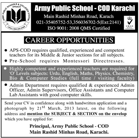 Army Public School - COD Karachi Jobs for Teachers & Admin Staff