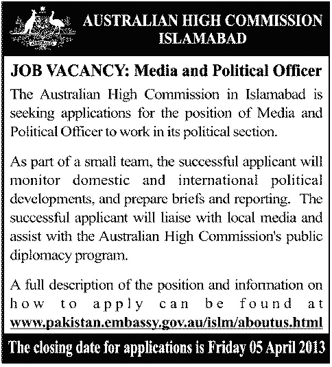 Australian High Commission Islamabad Job for Media & Political Officer