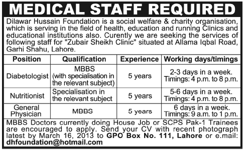 Zubair Sheikh Clinic Jobs for Diabetologist, Nutritionist & General Physician