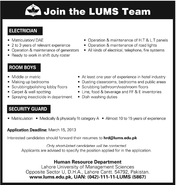 LUMS University Jobs 2013 for Electrician, Room Boys & Security Guards