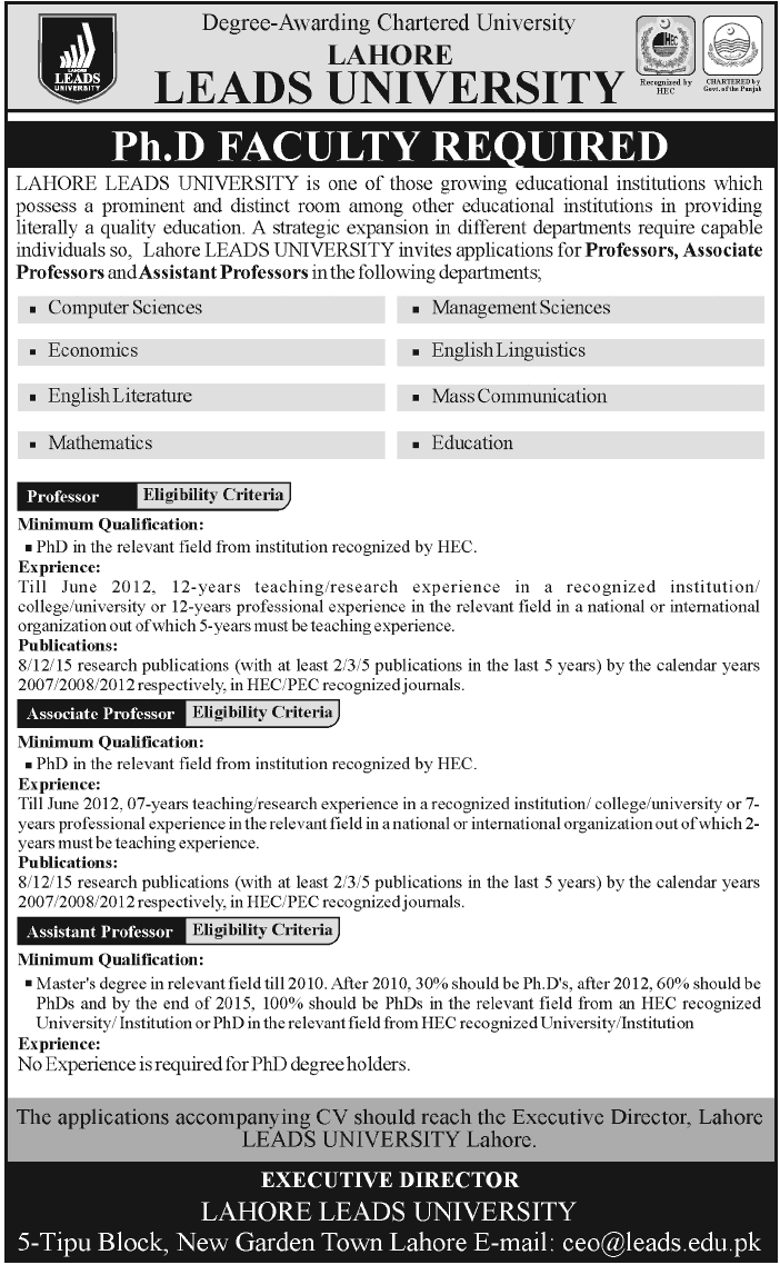 Lahore Leads University Jobs for Ph.D. Faculty