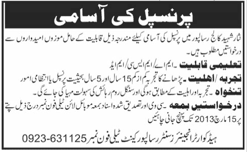 Principal Job at Nisar Shaheed College Risalpur