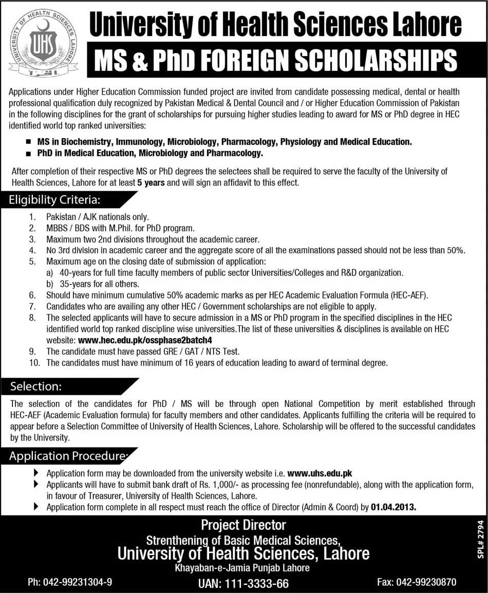 UHS Lahore MS & Ph.D. Foreign Scholarships