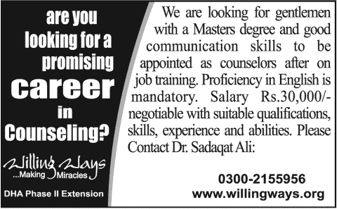 Counselors Jobs Willing Ways Karachi