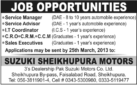 Suzuki Sheikhupura Motors Jobs 2013
