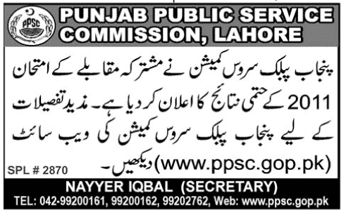 PPSC 2011 Examination Result