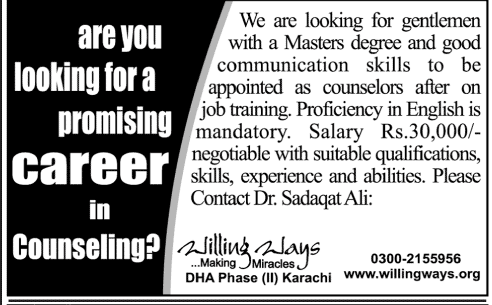 Counselor Jobs in Karachi 2013 at Willing Ways