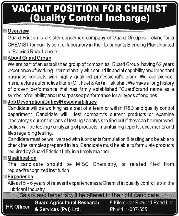 Quality Control Incharge Job at Guard Agriculture Research & Services (Pvt.) Ltd