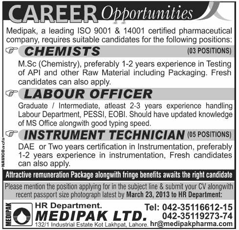 Medipak Ltd. Jobs for Chemists, Labour Officer & Instrument Technician