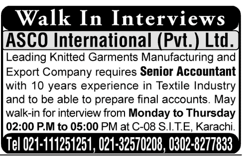 ASCO International (Pvt.) Ltd Job for Senior Accountant