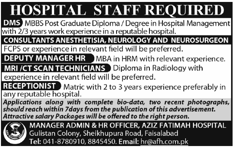 Aziz Fatimah Hospital Jobs for Consultants, Deputy Manager HR, Technician & Receptionist