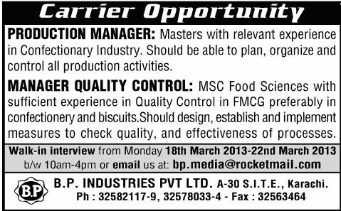 BP Industries Pvt. Ltd. Jobs for Production Manager & Manager Quality Control