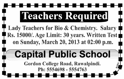 Teachers Jobs at Capital Public School, Rawalpindi