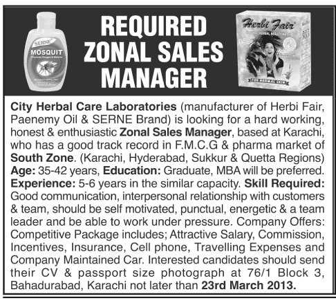 City Herbal Care Laboratories Job for Zonal Sales Manager