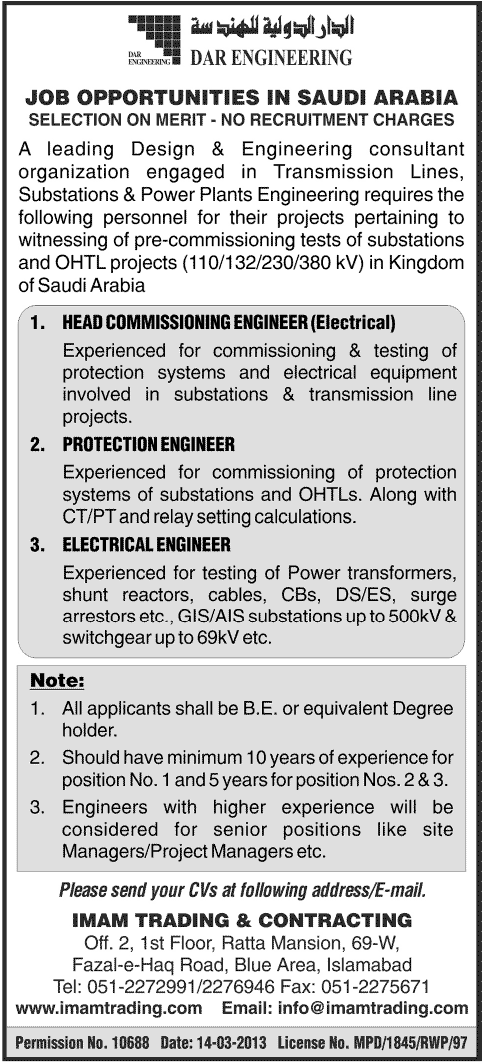 Engineers Jobs in Saudi Arabia through Imam Trading & Contracting