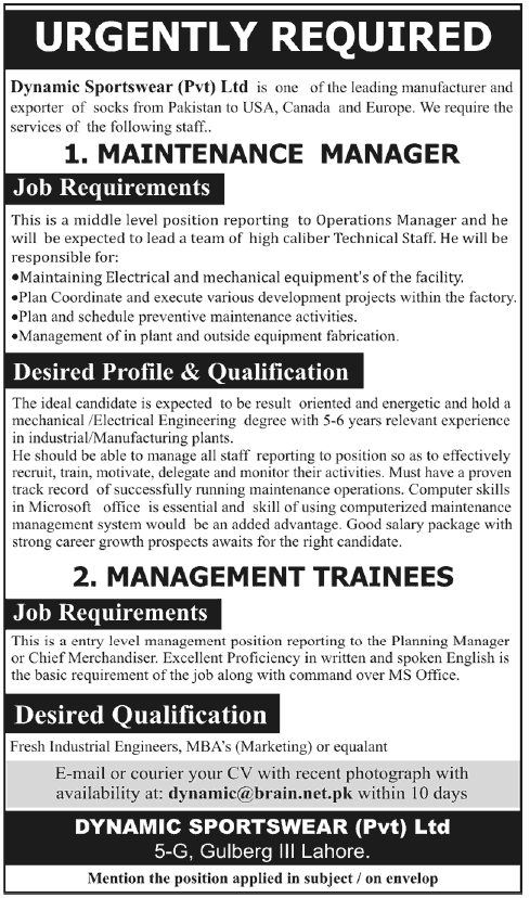 Dynamic Sportswear (Pvt.) Ltd. Jobs for Maintenance Manager & Management Trainees