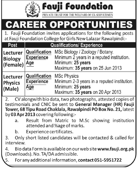 Fauji Foundation College for Girls Rawalpindi Jobs for Lecturers