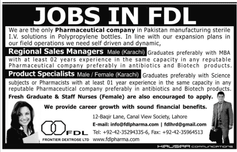 Jobs in FDL Pharmaceutical Company for Product Specialists & Regional Sales Managers