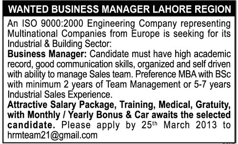 Business Manager Job in Engineering Company