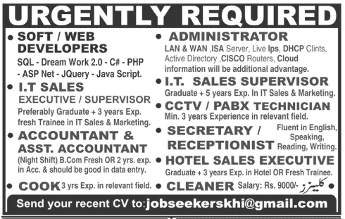 IT Professionals, Cook, Secretary, Hotel Sales Executive & Cleaner Jobs 2013