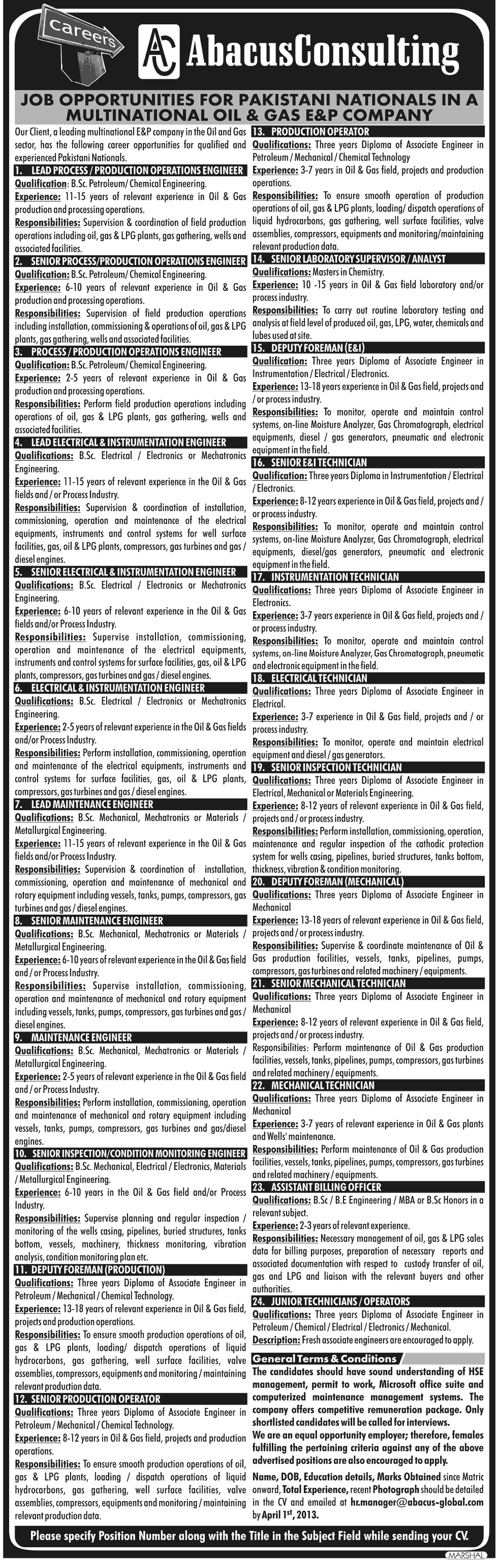 Oil and Gas Jobs in Pakistan 2013 at a Multinational E&P Company through Abacus Consulting