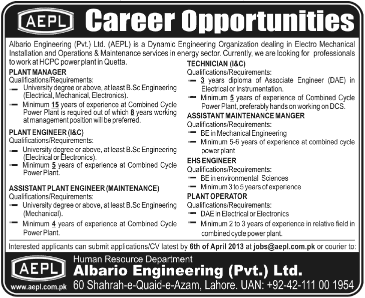Albario Engineering Jobs 2013 AEPL