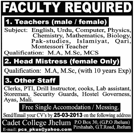 Cadet College Jhelum Jobs 2013 for Teaching Faculty & Staff