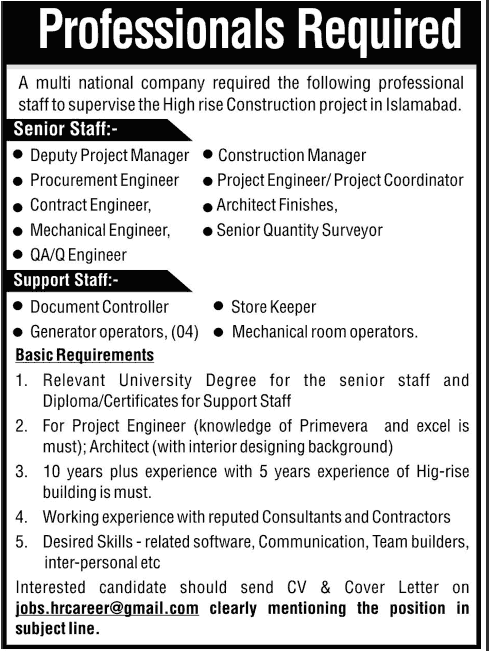 Construction Jobs in Islamabad 2013 for a High Rise Project