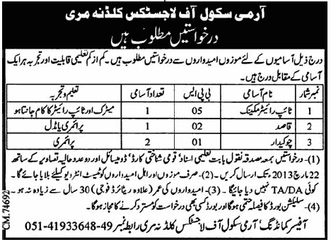 Army School of Logistics Kuldana Murree Jobs 2013 for Typewriter Mechanic, Qasid & Chowkidar