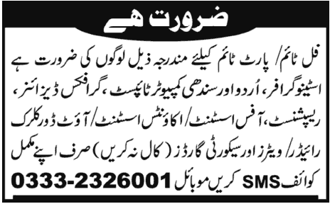 Jobs for Stenographer, Urdu / Sindhi Typist, Graphic Designer, Receptionist, Office/Accounts Assistants & Other Staff